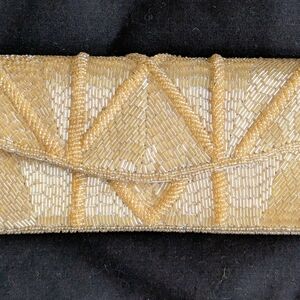 New Elegant Gold Satin Beaded Clutch Or Shoulder Bag